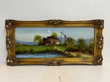Antique Reverse Painted Glass Cottage By the Lake Framed