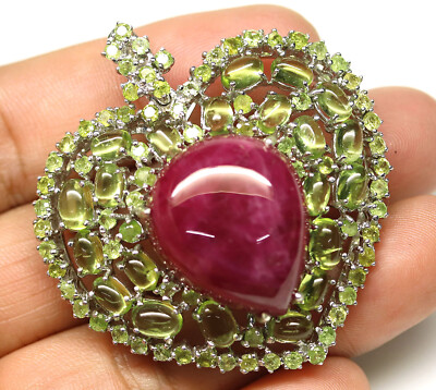925 Silver 21 x 25 mm. Red Ruby & Green Peridot Brooch/Pendant