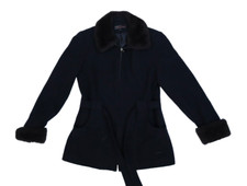 Jason Kole Womens Black Wool Brown Faux Fur Trim Long Sleeve Full Zip Overcoat S