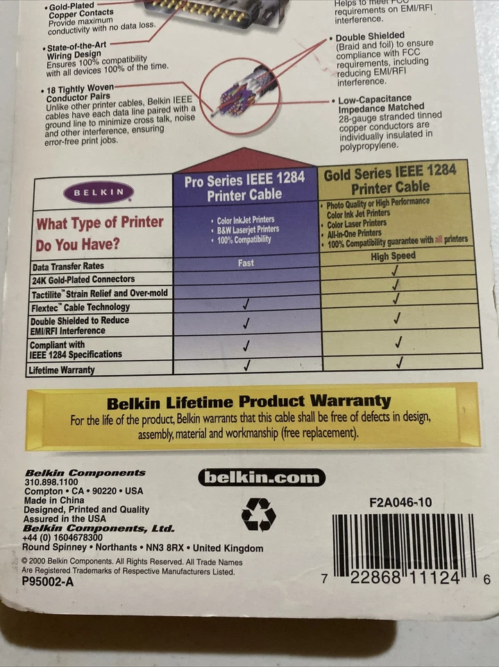 Belkin Pro Series 10' IEEE-1284, Male Parallel Printer Cable F2A046-10 - NEW - Image 4 of 4