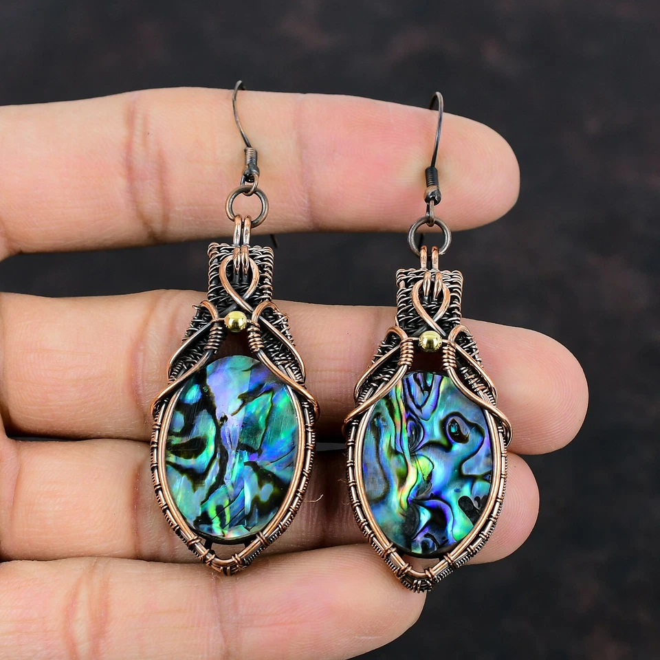 Abalone Shell Copper Valentine Gift Wire Wrapped Drop/Dangle Earrings 2.99" - Image 3 of 4