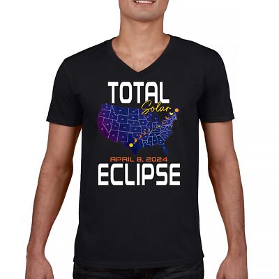 Total Solar Eclipse Map V-Neck T-shirt April 8 2024 Watch Party Sun Moon Tee