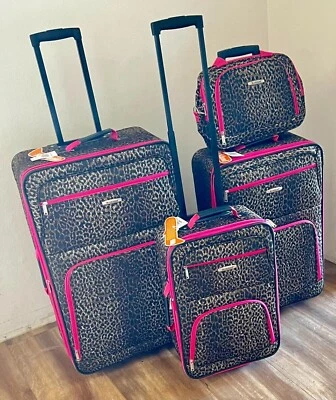 Rockland 4 Piece Luggage Set Softside Expandable 14" 29" 24" 28" Pink Leopard