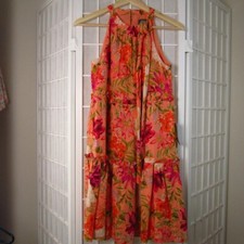 Vince Camuto Dress Womens 0 Orange Floral Mini Halter Linen Blend