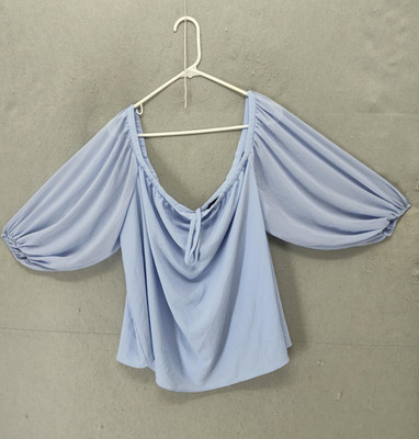 1STATE Blouse Women 2X Light Blue Off Shoulder Puff Sleeve Flowy Casual Boho Top