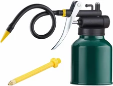Green Metal Pistol Pump Oil Can with Long 9" Flex and 3"Straight Spout-8 oz Oil