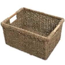 Large Wicker Storage Basket with Wooden Handles, Seagrass Basket for Shelves,...