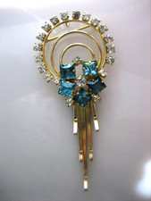 VINTAGE ART DECO BLUE CLEAR RHINESTONE PENDANT BROOCH