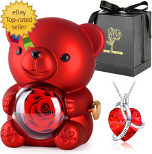 Lindo Oso de Peluche Preservado Rosa Flores Eternas Giratorio Rosa Caja con Collar