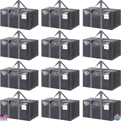 12 Pack Heavy Duty Large Moving Bags with Zipper & Handles - Gray Storage Totes