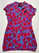 ZARA Floral Mini Dress Purple Red Roses Mandarin Collar Asian Style Size Small
