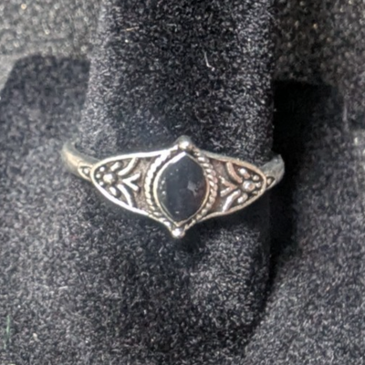#ad #ad Silver Toned Ring With Black Oval Stone And Flower Pattern Size 7.5 $15.30
