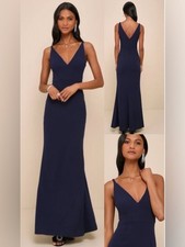 Lulus Melora Navy V-Neck Sleeveless Fit and Flare Evening Gown Women’s Size S