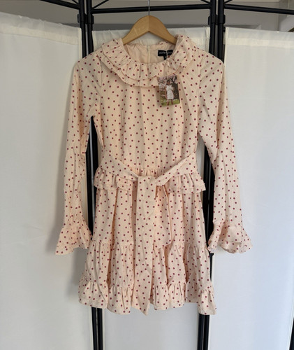 Sister Jane XS Pink/Red Polka Dot Belted Ruffle Long Sleeve A-Line Dress