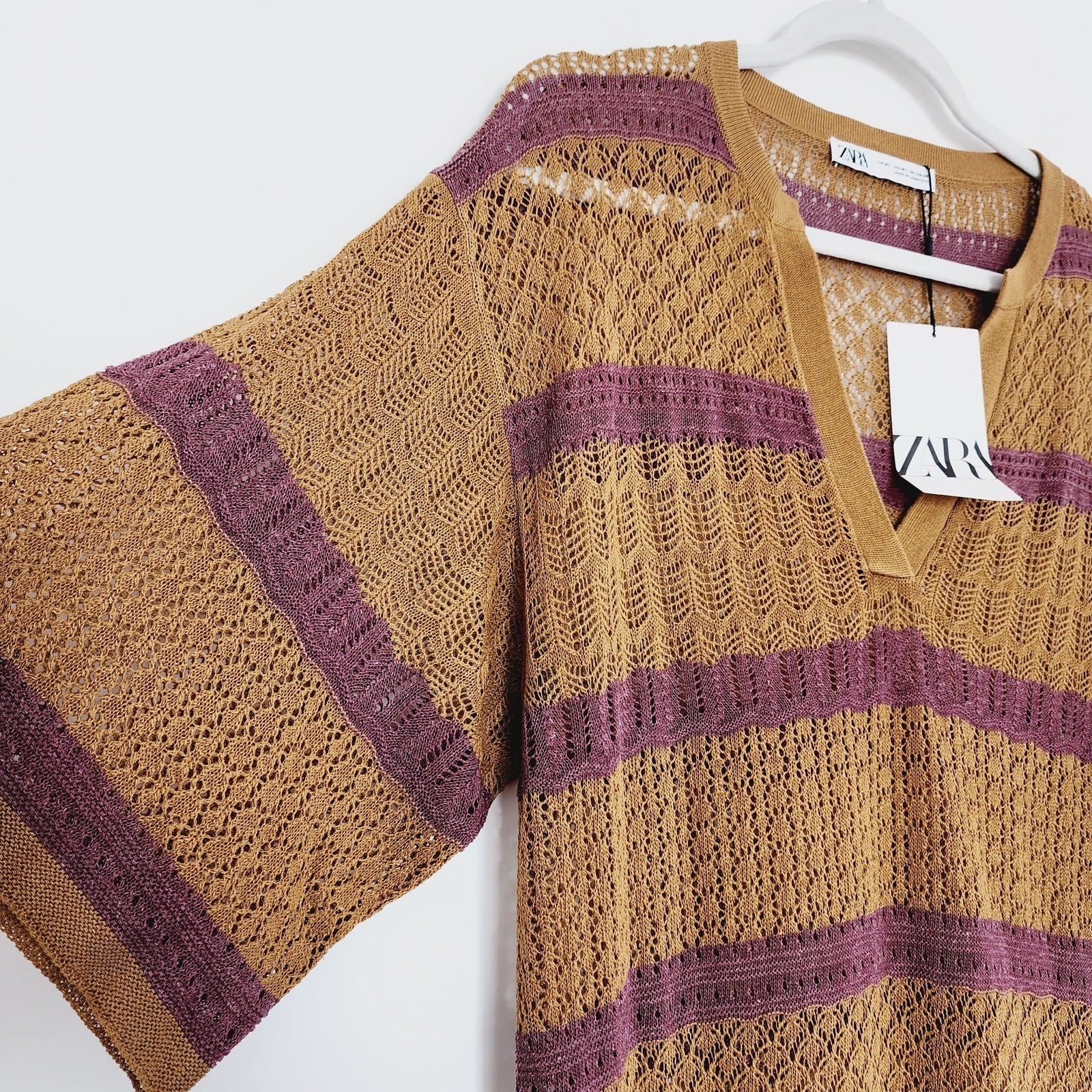  Zara Macrame Knit Kaftan Midi / Maxi Dress Cover-Up Cream Size Medium - Large thumbnail 6