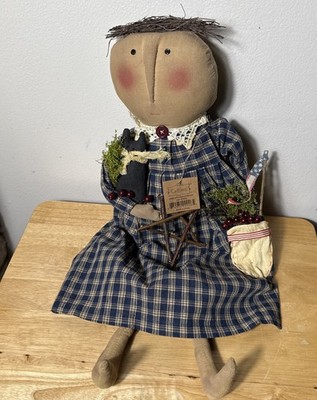 Primitive Fall  DOLL W/black Cat FOLK ART New Collins Doll Wood Hair & Star  23 