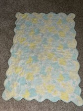 Vintage Baby Quilt Blanket Deer Yellow Blue Print Scallop Edge 32" x 42" Quiltex