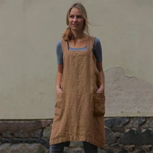 Lässiges lockeres Damenkleid Baumwolle Leinen Hausarbeit Wickeloptik gekreuzter Rückenschürze - Bild 15 von 26