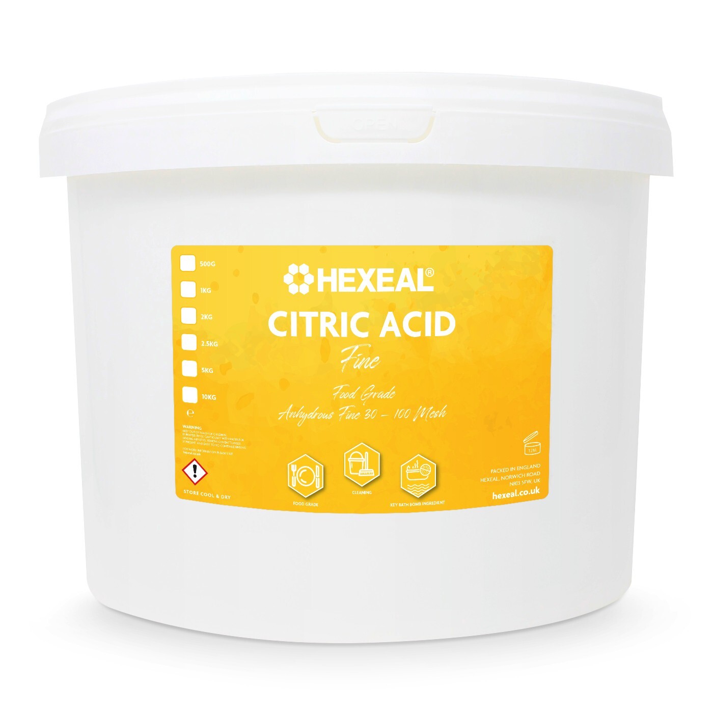 Hexeal Citric Acid 10kg – 10kg Bucket of Food Grade Anhydrous Fine Citric