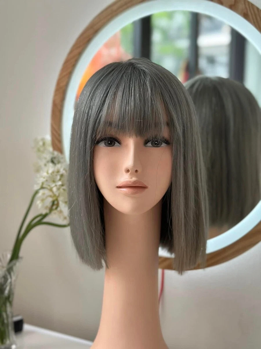 Lavia ash grey bob wig with fringe hand tied monofilament cap