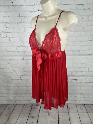 Victoria's Secret Red Sheer Lace Top Baby Doll Chemise Nightie