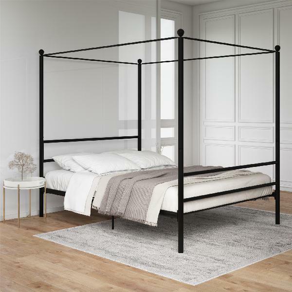 Queen Size White Metal Canopy Bed Frame With Grey Fabric Upholstered Headboard For Sale Online Ebay