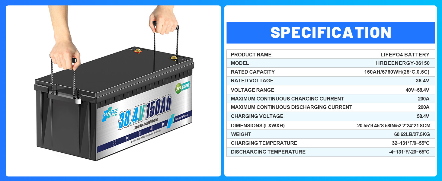 36V 150Ah LiFePO4 Lithium Battery 200A BMS for Golf Cart Trolling Motor+ Charger
