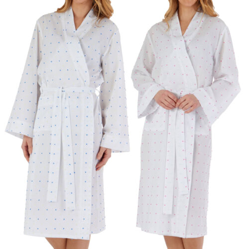 Slenderella White Cotton Dressing Gown Ladies Blue or Pink Dobby Dot Robe - Picture 1 of 31