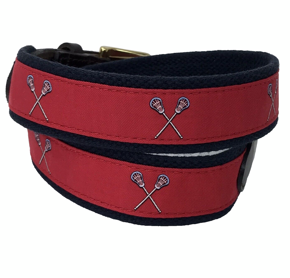Vineyard Vines Mens Lacrosse Sticks Canvas Leather Belt Red Preppy Logo
