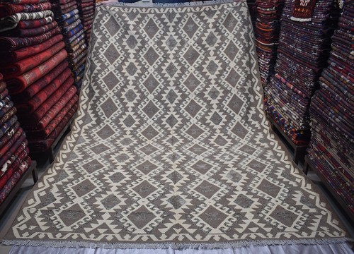 Gray White Afghan Hand Woven Kilim Area Rug 7x10 ft Persian Oriental Wool Carpet