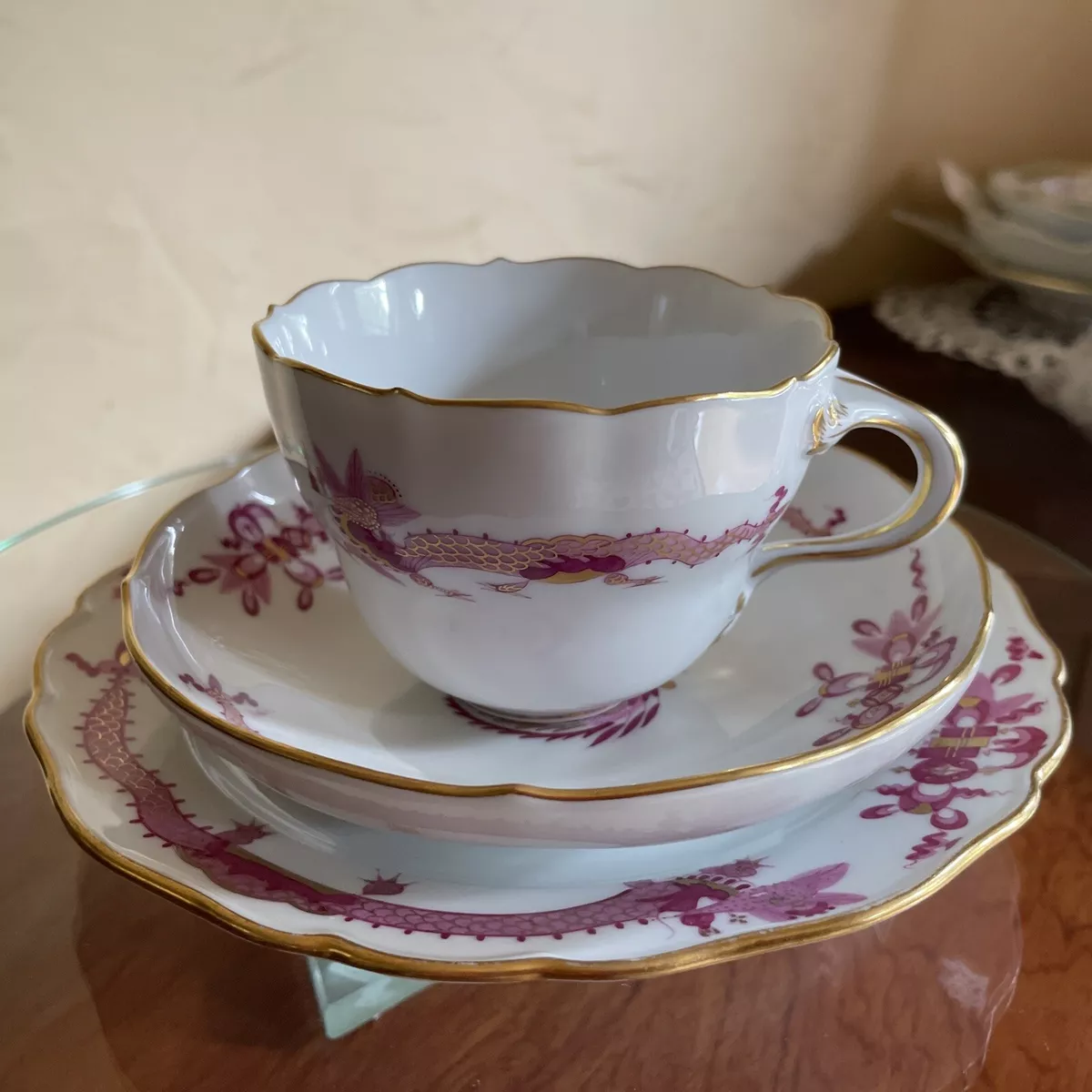 Meissen Germany Pink Dragon Tea Cup , Saucer and cake plate set