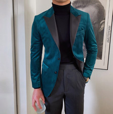 Velvet Men Blazer Jacket Slim Fit Peak Lapel Formal Business Casual Outfits