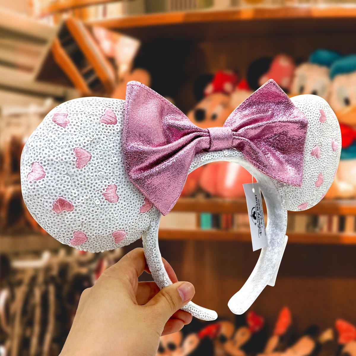 Disneyland 2025 Minnie Ears Disney-Parks White Heart Sequin 