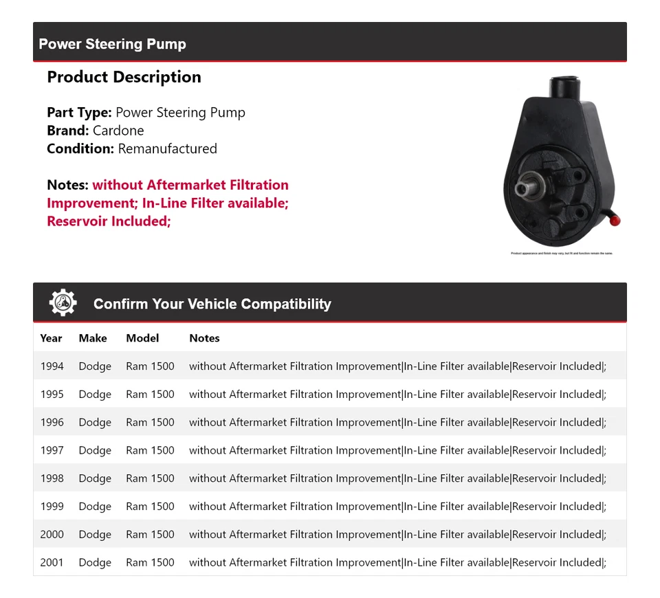 For 1994-2001 Dodge Ram 1500 Power Steering Pump Cardone 1995 1996 1997 1998 - Image 2 of 4