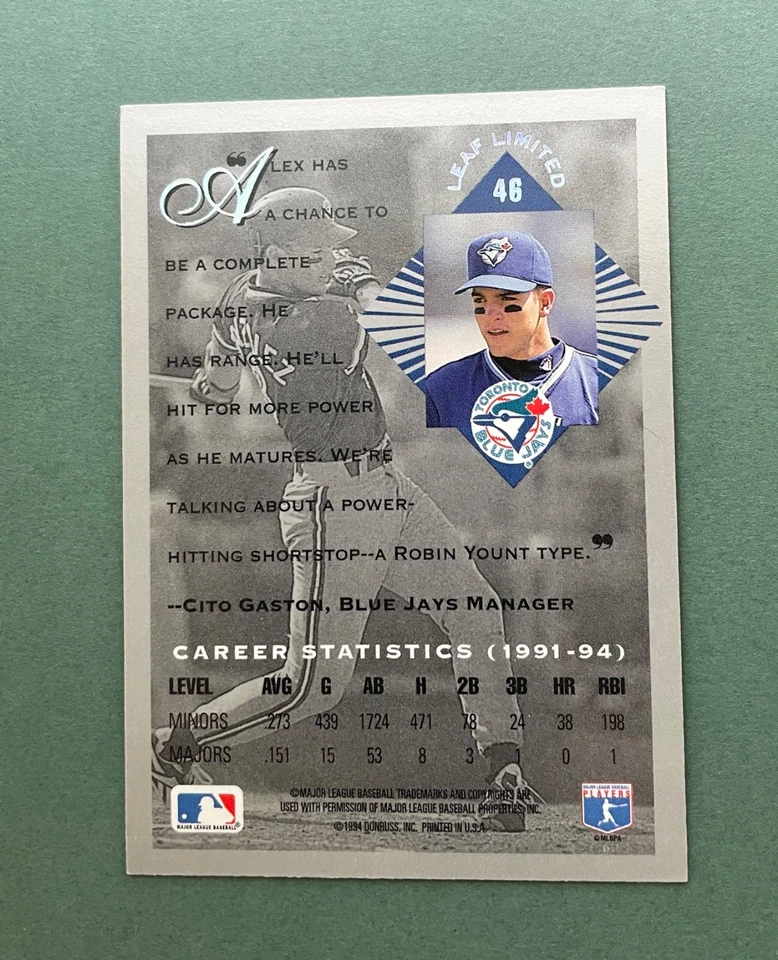 1994 Leaf Limited Rookies Baseball Alex Gonzalez #46 Toronto Blue Jays RC - Image 2 of 2