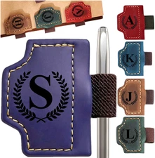 Personalized Magnetic Leather Bookmark with Pen Holder, Custom Initials, Purple