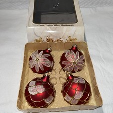 Vintage Glass, Red christmas ornaments. Set Of Four.