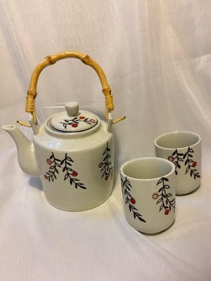 Tea Set   Teapot With Cups in Speckled Ceramic Bamboo Handle Modern Minimalist