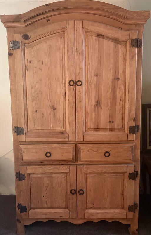 Rustic Solid Pine Storage Armoire With Wrought Iron Accents