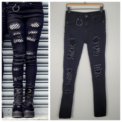 Killstar Size XS Trash Talk Skinny Jeans O-Ring Fishnet Distressed Goth Black