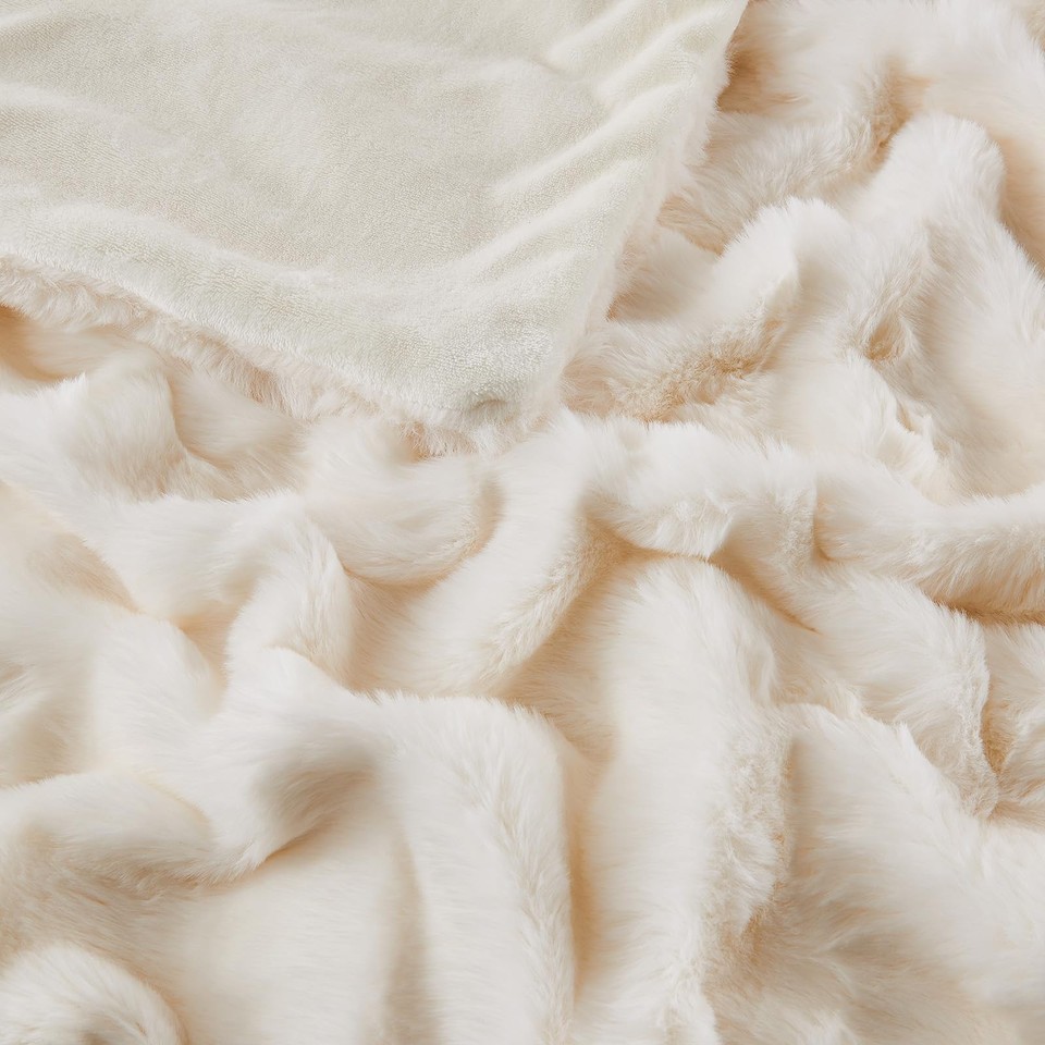Jeyfull Fluffy Faux Rabbit Fur Throw Queen Size 90''x90'' Cream White ...