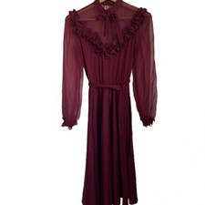 Vintage Burgundy Long Sleeve Dress with Ruffle Detail