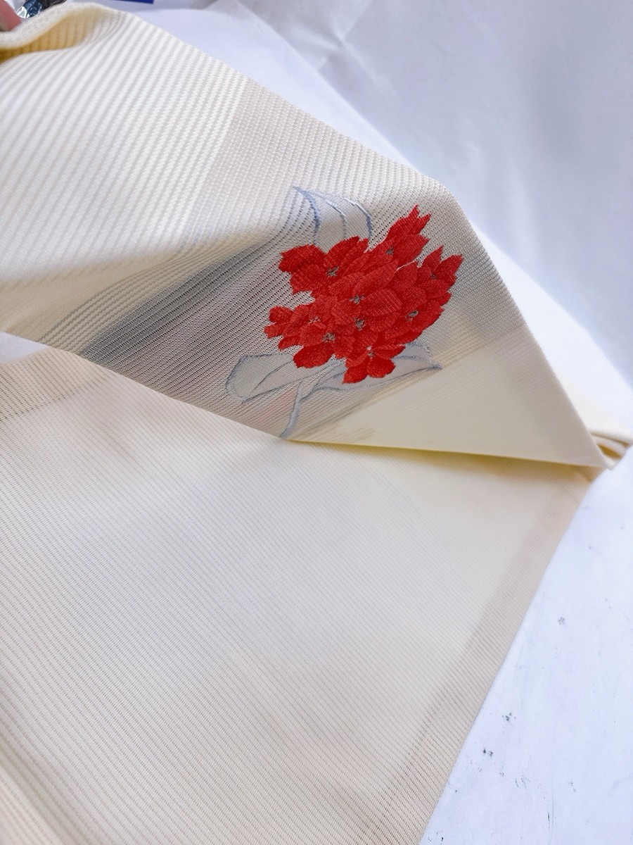 Vintage Japanese Nagoya Obi Kimono Belt Cream White w/ Red  display picture 3