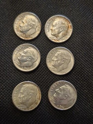 6 unc Beautiful Silver 1960 D Roosevelt Dimes