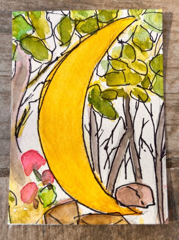 ACEO Shinny Moon Original Watercolor Miniature Painting, Free Shipping
