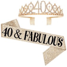 40 And Fabulous Sash Rhinestone Tiara Set 40th Birthday Women Gold Glitter