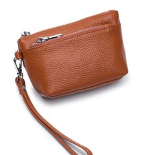 Women's Genuine Leather Small Coin Holder Change Purse Zipper Key Card Wallet
