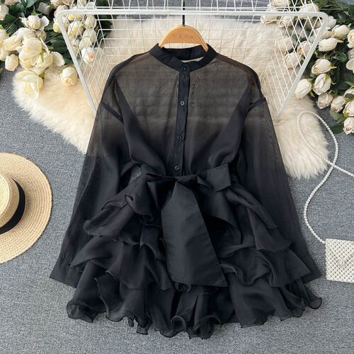 Vastraa Fusion Women's Chiffon Top Tied-Up Ruffle Neck, Sheer Bishop Sleeves, Elegant Casual Top