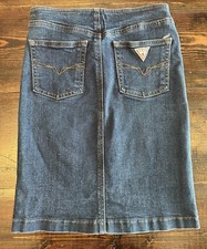 Vtg Guess Triangle Logo Dark Denim Stretch Pencil Skirt Size 24 (Small)