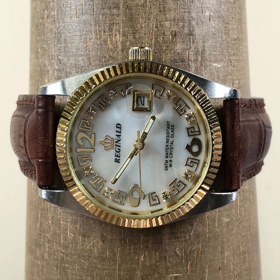 Мужские кварцевые аналоговые часы Reginald 2115 циферблат MOP кожа рифленые 35 мм 7 3/4 дюйма - Изображение 2 из 4